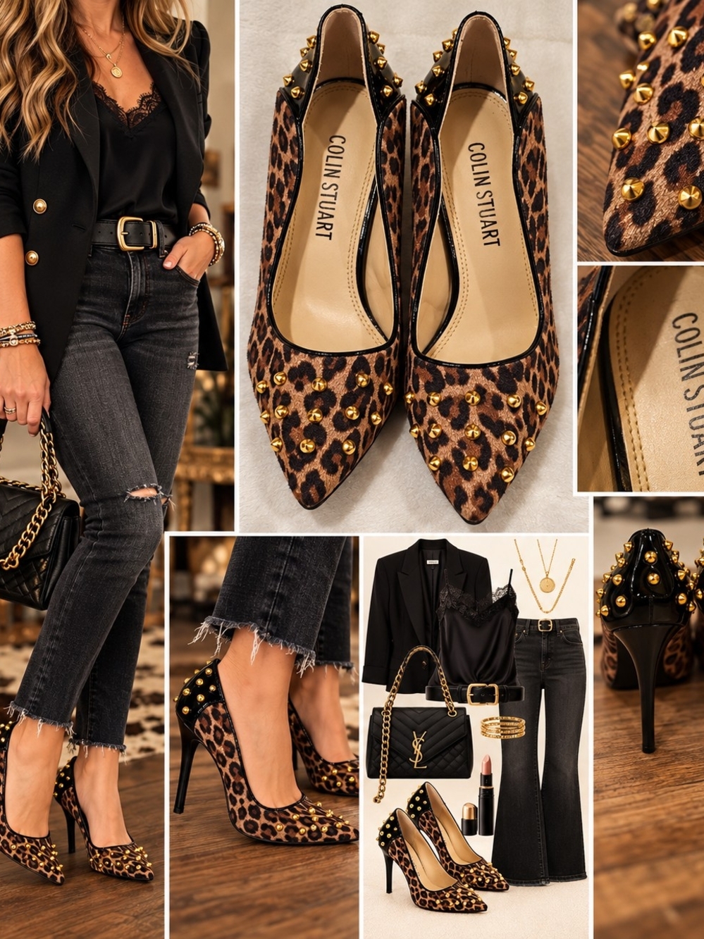 Colin Stuart Leopard Print Studded Pointed-Toe Pumps — Brown & Black